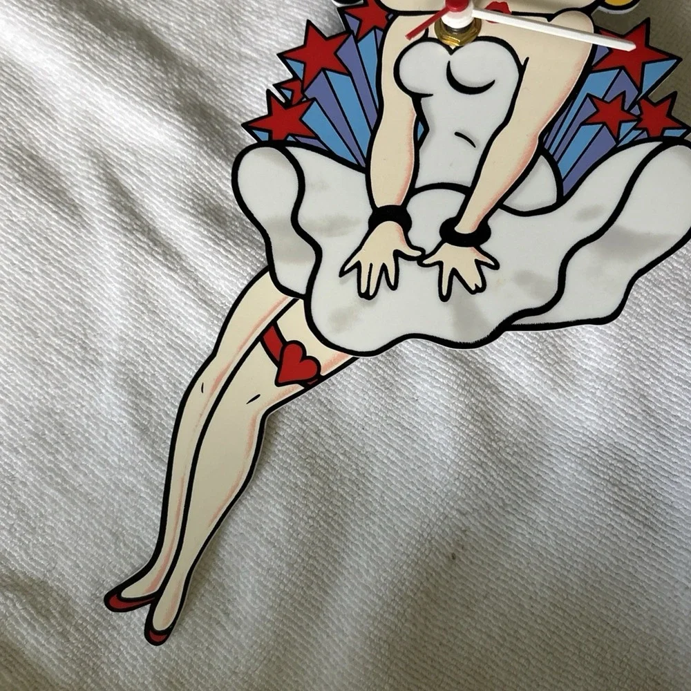 Vintage Betty Boop Clock Pendulum Moving Legs Red and Blue Stars, White Dress